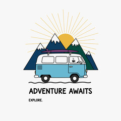 Obraz premium Camping Van Illustration. Let's Explore Adventure Poster. Retro Camper and Mountain Graphic. Vintage Travel Artwork.