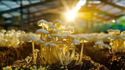 Fresh Mushrooms Growing in a Serene Farm Environment with Beautiful Backlight and Natural Light Effects