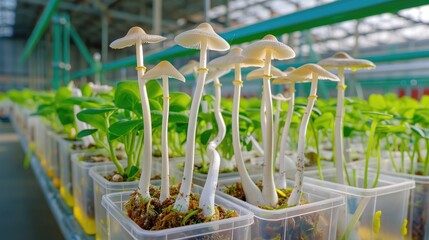 White Mushroom Cultivation in Greenhouse with Young Plants Growing in Transparent Containers
