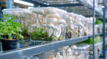 Fresh mushrooms growing in transparent containers on metal shelves in a botanical greenhouse setting