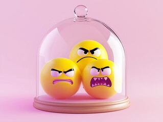 Minimalist 3D illustration of angry emoji faces trapped under a glass dome. Concept of emotional control, anger management, and self-regulation, especially in adolescence and mental health.