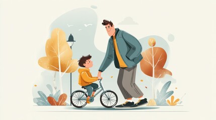 family fatherhood and leisure concept happy father teaching little son to ride bicycle at park no logos no brands ar 169