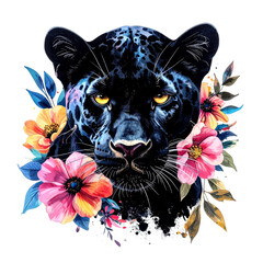 Mysterious black panther portrait with piercing yellow eyes, elegantly framed by soft, colorful watercolor flowers and foliage. wild animal.