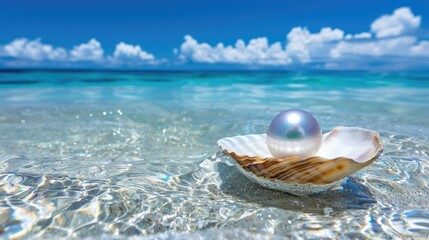 Elegant pearl resting in a seashell on a tranquil beach with clear blue water and fluffy clouds in a serene tropical paradise