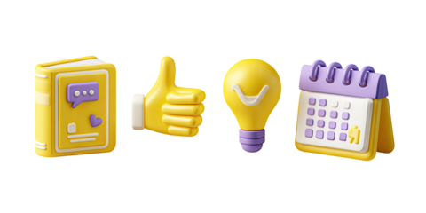Four 3D-rendered yellow icons a book, a thumbs-up, a lightbulb, and a calendar
