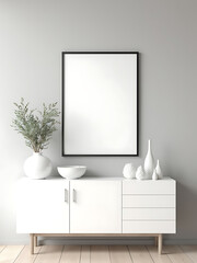 Elegant interior with blank frame mockup, white sideboard, vases, and plant, creating a serene and stylish living space