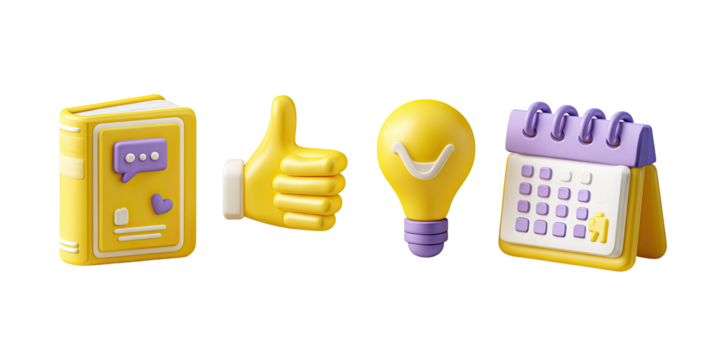 Four 3D-rendered yellow icons a book, a thumbs-up, a lightbulb, and a calendar