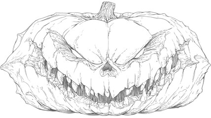 Detailed spooky Halloween pumpkin illustration with a sinister grin and sharp teeth, hand-drawn sketch art for seasonal horror designs.
