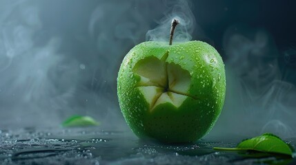 Fresh Green Apple with Dew Drops and Steam in a Dark Setting
