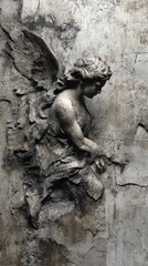 Stone angel relief with wings carved into a weathered, ancient wall showing texture and grunge