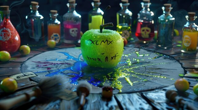 Green Apple with Mysterious Writing Surrounded by Colorful Potions in a Dark Enchanted Setting