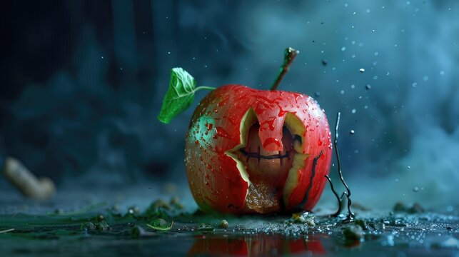 Creative Halloween-themed apple with carved smiley face and dripping juice, set against a misty and atmospheric background