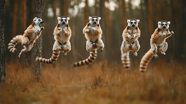 Ring tailed lemurs primates jumping in forest wildlife photography animal behavior lemuridae madagascar fauna
