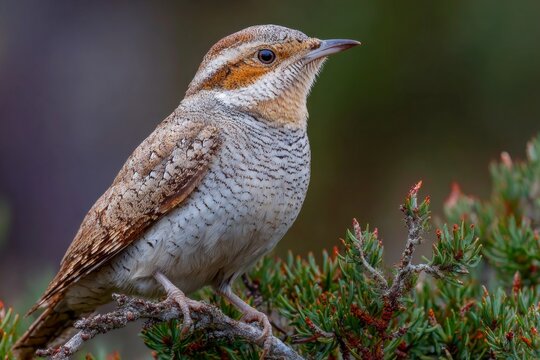 Eurasian wryneck bird looking right, with patterned plumage, perching on a green plant branch in nature