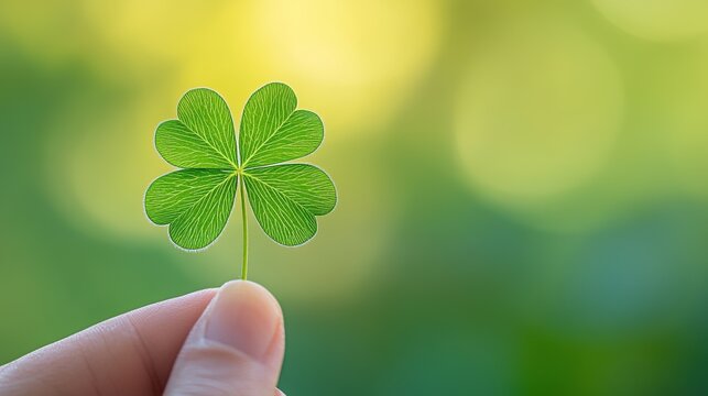 Holding a four-leaf clover in hand