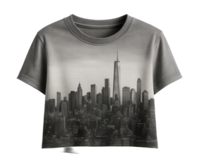 Cropped tee featuring a grayscale photographic city skyline design.