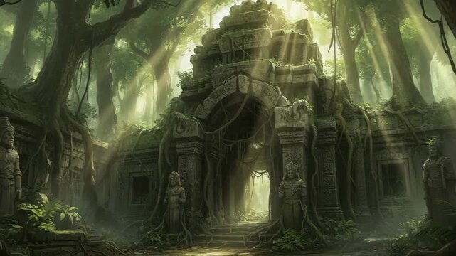 A mysterious lost temple of ancient ruins deep in a magical jungle, a cinematic video perfect for adventure games.