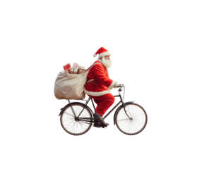 Festive figure in a red suit with a white beard rides a bike carrying a sack of gifts