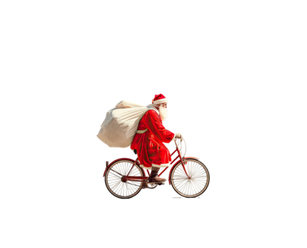 A jolly man in a red suit rides a bike with a sack on his back, against a black backdrop