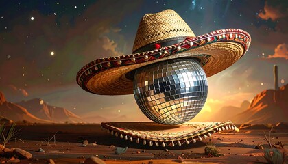Disco ball in sombrero, desert sunset