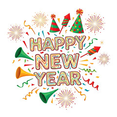 Vibrant Happy New Year Illustration &ndash; Colorful Typography with Fireworks, Party Hats, and Confetti