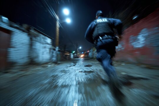 Police officer running fast during a vigorous night pursuit in a dark, wet urban alley