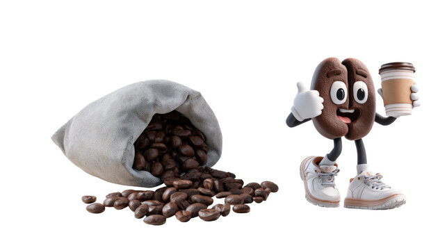 Small gray cloth bag with coffee beans spilling out, 3D cartoon, happy coffee bean character wearing white sneakers and holding a cup of takeaway coffee with thumbs up.
