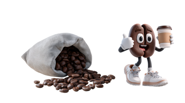 Small gray cloth bag with coffee beans spilling out, 3D cartoon, happy coffee bean character wearing white sneakers and holding a cup of takeaway coffee with thumbs up.
