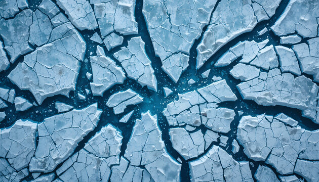 Aerial frozen delta with cracked ice plates forming geometric tessellations and deep cobalt fissures