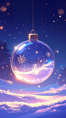 Fototapeta premium Enchanted Glass Christmas Ornament Floating in a Night Sky with Snow and Magical Glow