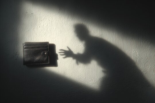 Shadow of person's hand attempting to steal a wallet from light area