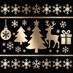 Golden christmas winter pattern featuring trees and reindeer