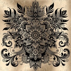 Abstract black and gold oriental floral mandala design