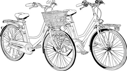Two line art bicycles, vector drawing of vintage commuter bikes with basket for urban lifestyle and leisure travel illustration