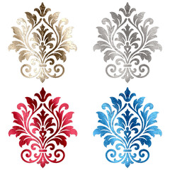 Set of damask foil patterns in red, blue, gold and silver colours