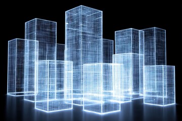 Futuristic urban cityscape featuring transparent wireframe skyscrapers illuminated against a dark backdrop highlighting architectural innovations and digital architecture concepts