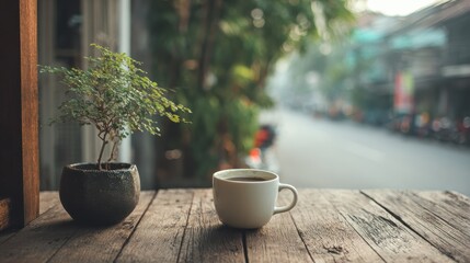 serene morning coffee single white cup on rustic wooden table with soft  focus potted plant and street view in background ideal for relaxing social media posts or cozy blog backgrounds 