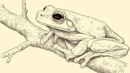 Detailed hand-drawn illustration of a tree frog on a branch, vintage style pen and ink sketch of a wild amphibian.