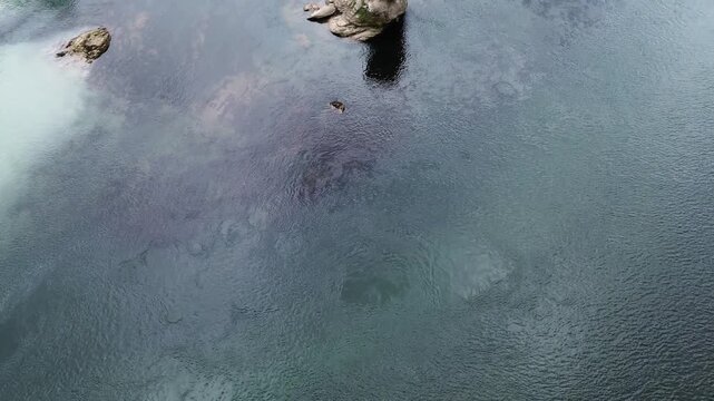Famous Drina River house on a rock near Bajina Basta, Serbia, surrounded by water and forested mountains. Unique landmark and popular tourist attraction. Vertical aerial 4k footage