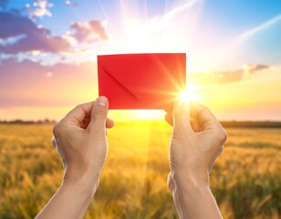 Holding a Red Envelope Against a Sunny Field.