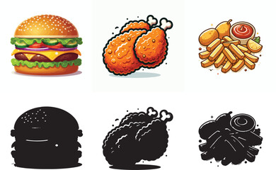  Vector image of fast food set and shilhouttes on white background