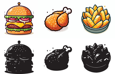  Vector image of fast food set and shilhouttes on white background