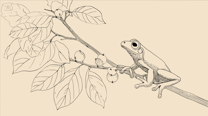 Detailed line art illustration of a tree frog perched on a branch with leaves and small berries, vintage style wildlife drawing