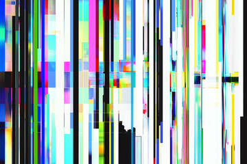 Abstract glitch texture illustration with digital distortion effects. Vibrant and chaotic visual representing data corruption, retro digital aesthetics, and cyberpunk style.