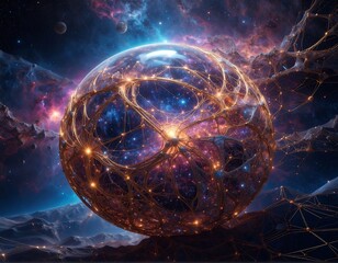 A vibrant, glowing orb with network, space background