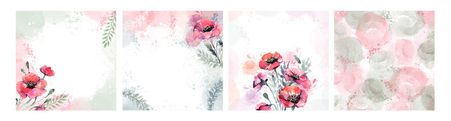 A set of cute festive watercolor backgrounds with flowers, poppies for postcard design, cover art. Spring creative textures with red poppies.