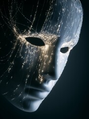 Face of AI Artificial Intelligence. Mysterious mask with glowing network of lights and dark background creating an air of intrigue and technological advancement. 