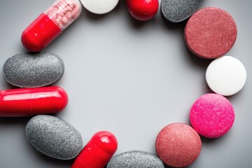 A stunning arrangement of assorted medications including red capsules and colorful tablets set against a minimalist gray backdrop showcasing the intersection of health and visual design