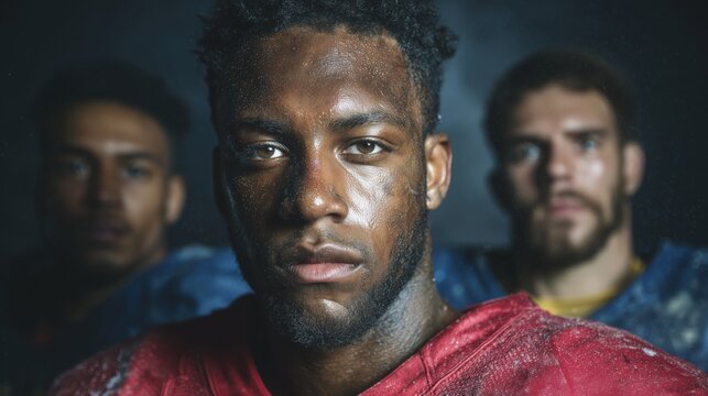 Portrait of professional American football player. Confident man in uniform. Usa team game extreme sport spirit concept. High quality photo