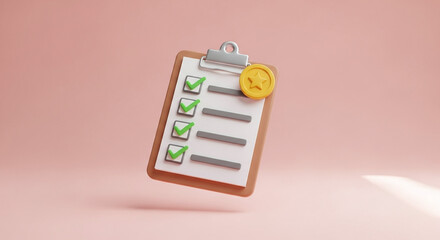 A 3d render of a wooden clipboard with a checklist and a gold coin symbolizing financial success and task completion
